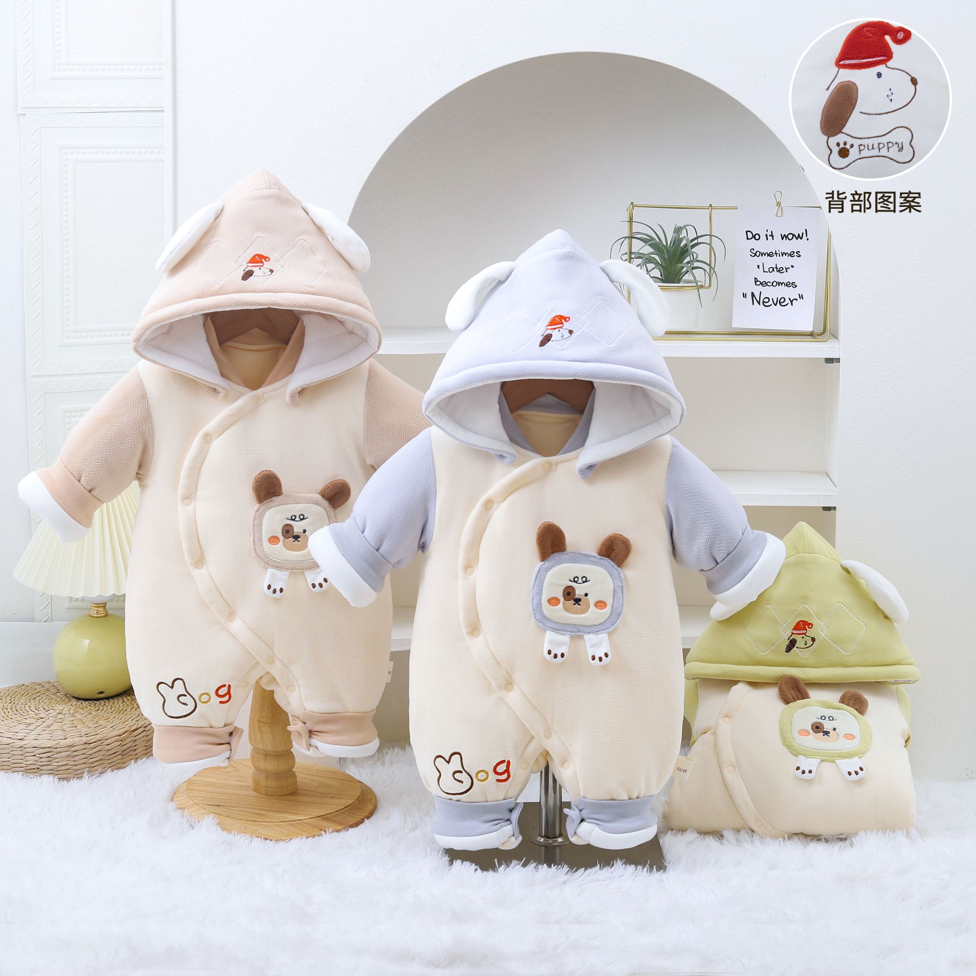 冬季加厚偏开扣卡通风可爱风爬服婴儿加绒保暖哈衣长袖长爬款A类