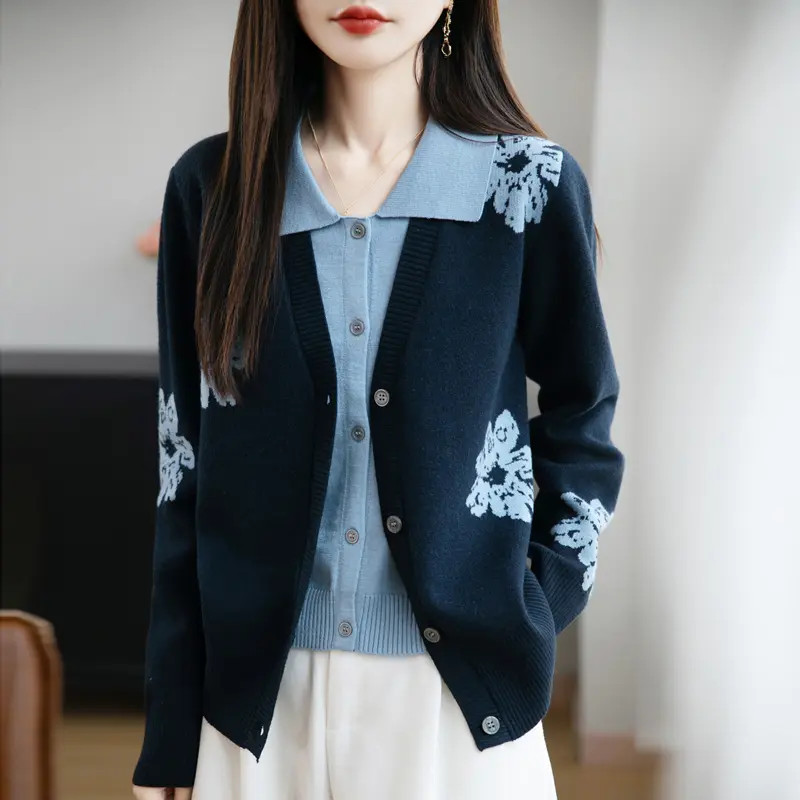 秋季时尚百搭宽松雪绒花假两件长袖针织开衫上衣女
