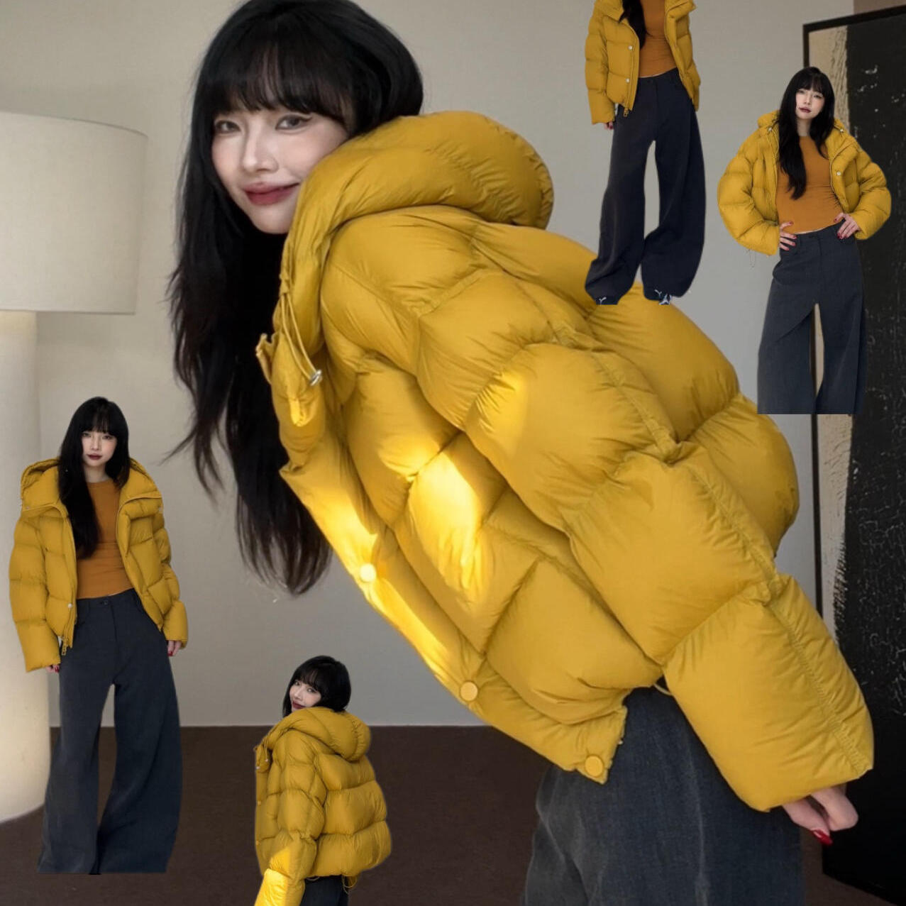 黄色连帽短款棉服女2025超火冬装外套洋气独特超好看加厚保暖棉衣