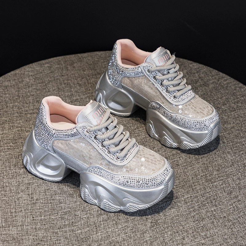 万达撤柜真皮增高7cm厚底老爹鞋女2025夏网红水钻透气网面休闲鞋.