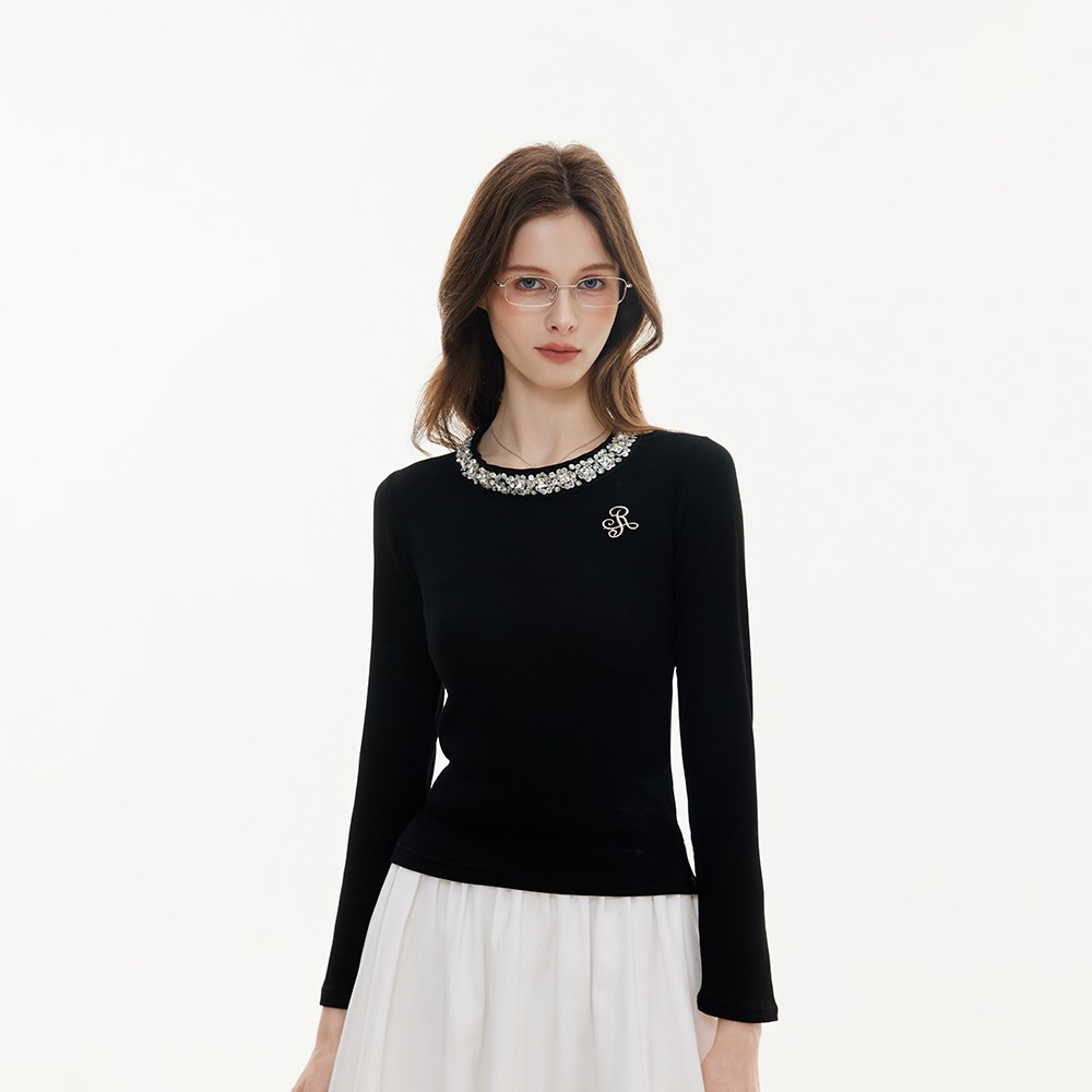 ikyou小众设计领口镶钻针织衫女长袖春秋新款修身显瘦百搭上衣服