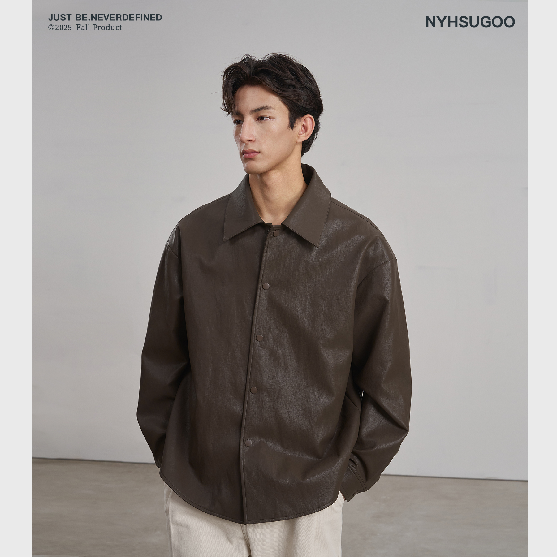 NYHSUGOO/南乙秋季老钱风极简皮衬衫男士长袖翻领3883衬衣外套