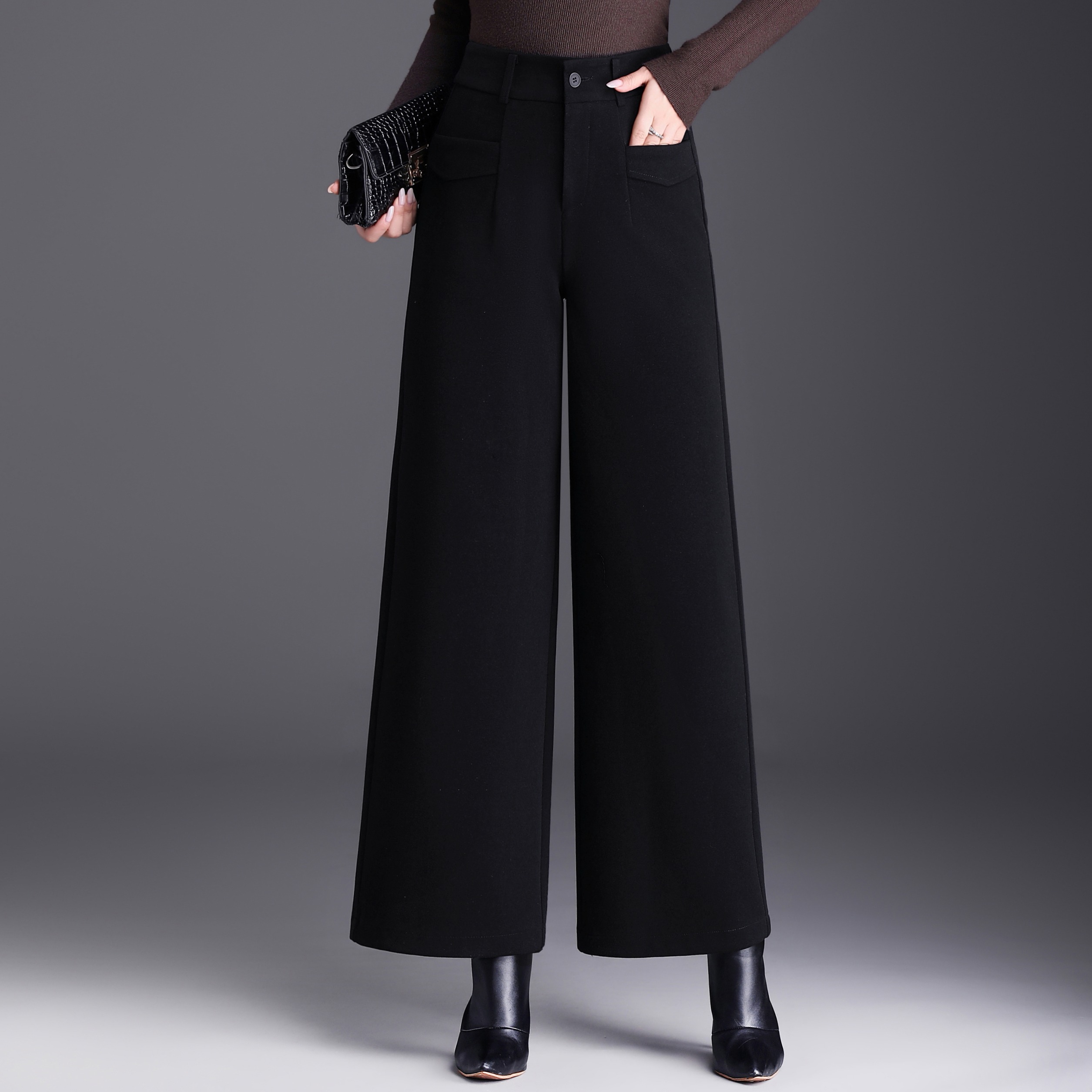 黑色毛呢阔腿裤女2025秋冬新款宽松休闲女裤子垂坠感直筒长裤