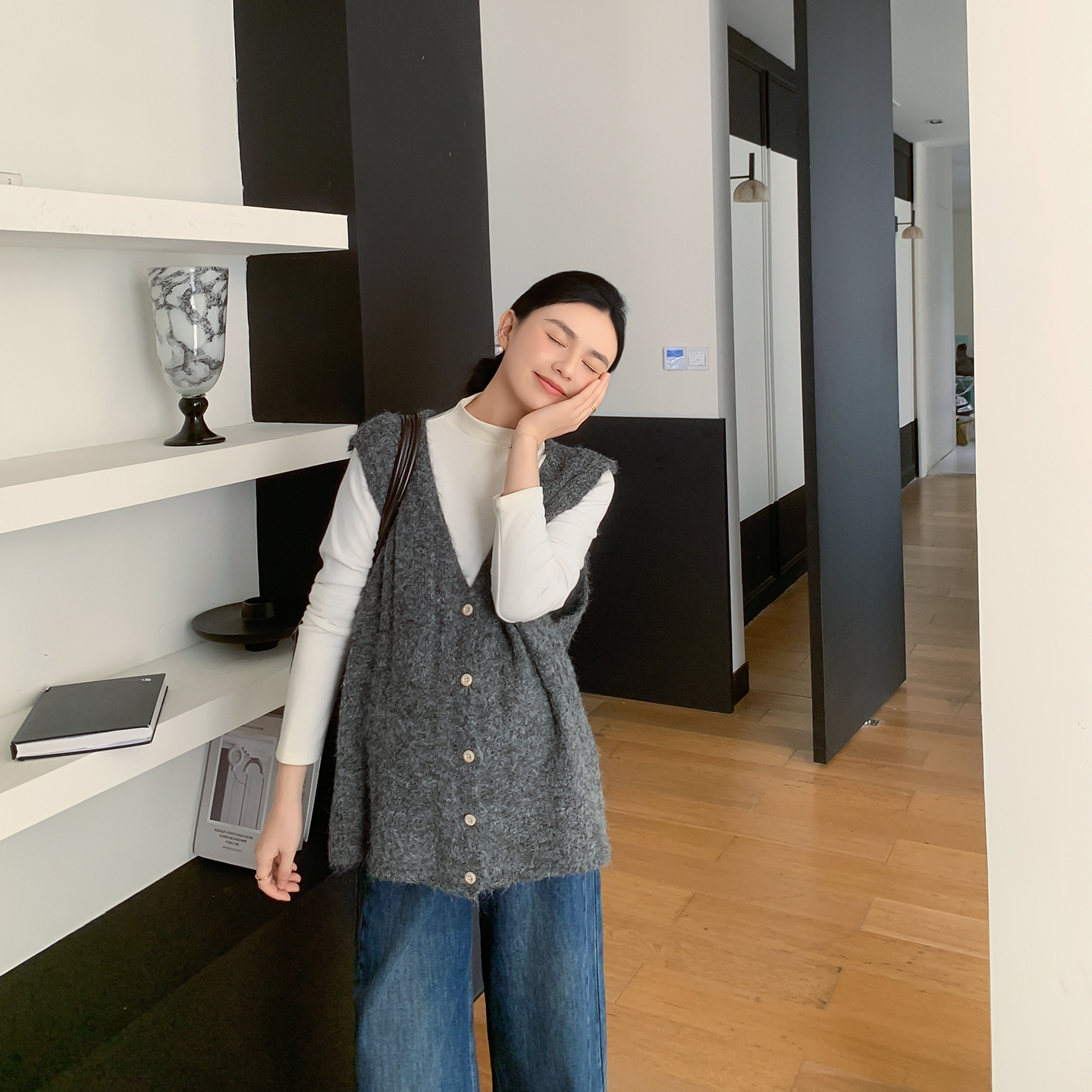 ZMA孕妇装【麻花背心三件套】春秋半高领内搭开衫背心直筒牛仔裤