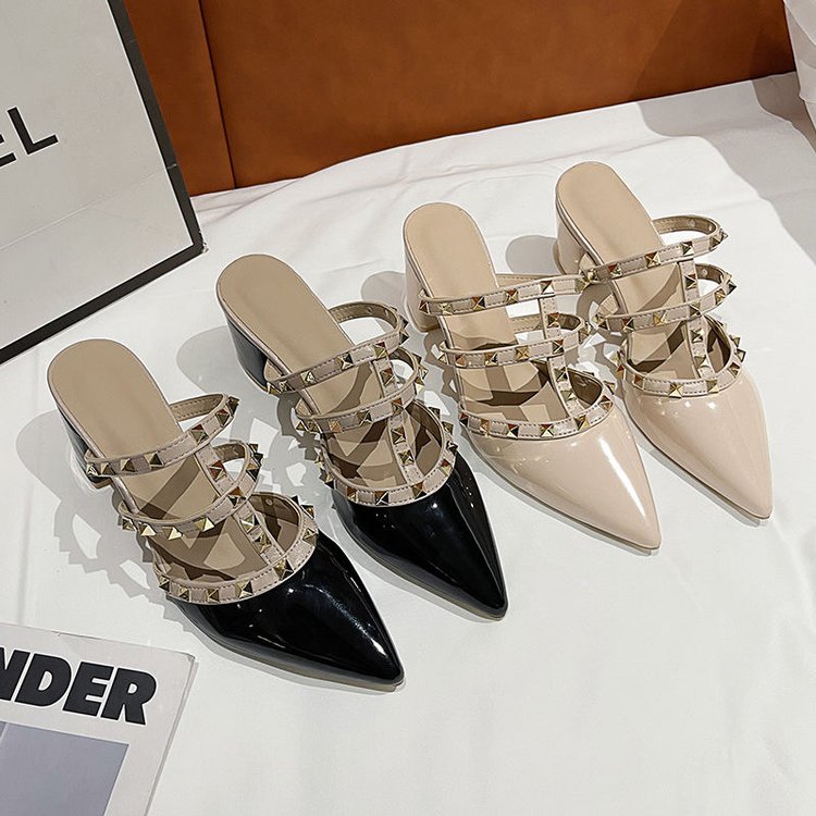 【深爱恋人】夏季时尚百搭铆钉尖头高跟单鞋百搭时尚气质透风洋气