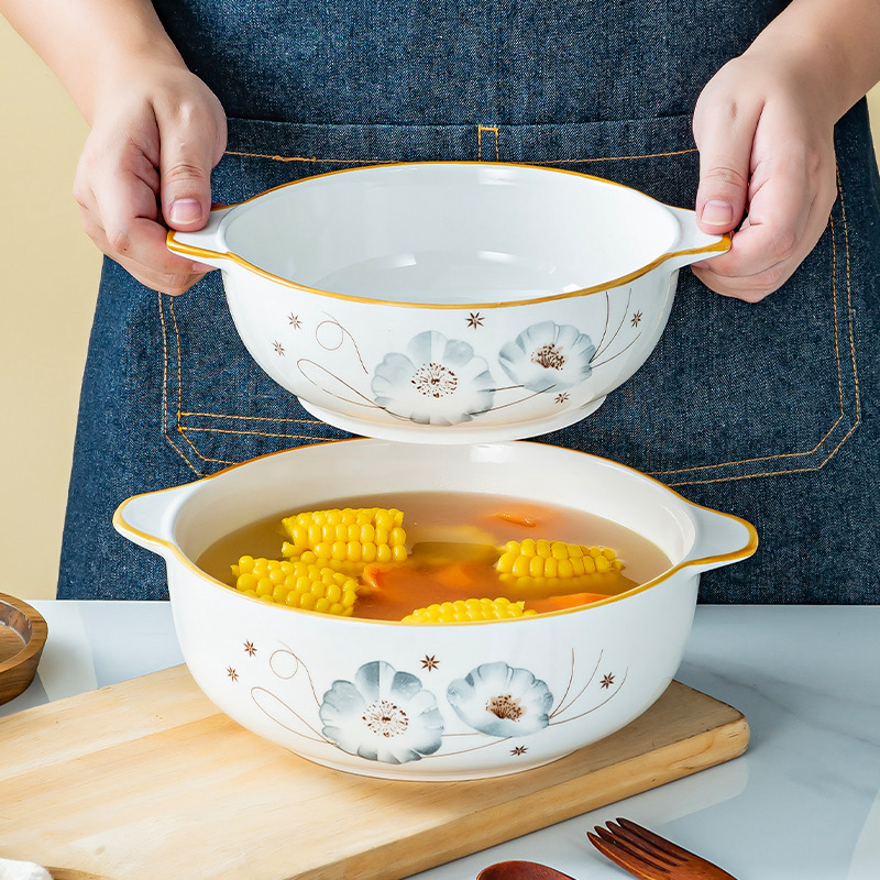 2只装9英寸双耳岁月静好大汤碗高温釉下彩大碗陶瓷