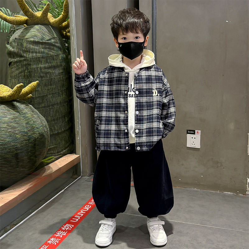 男童秋装套装2025新款春秋卫衣酷帅洋气格子外套小男孩运动三件套