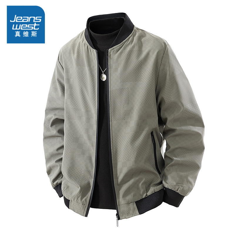 真维斯暗纹格子外套男新款秋冬季宽松休闲飞行夹克加绒加厚棒球服