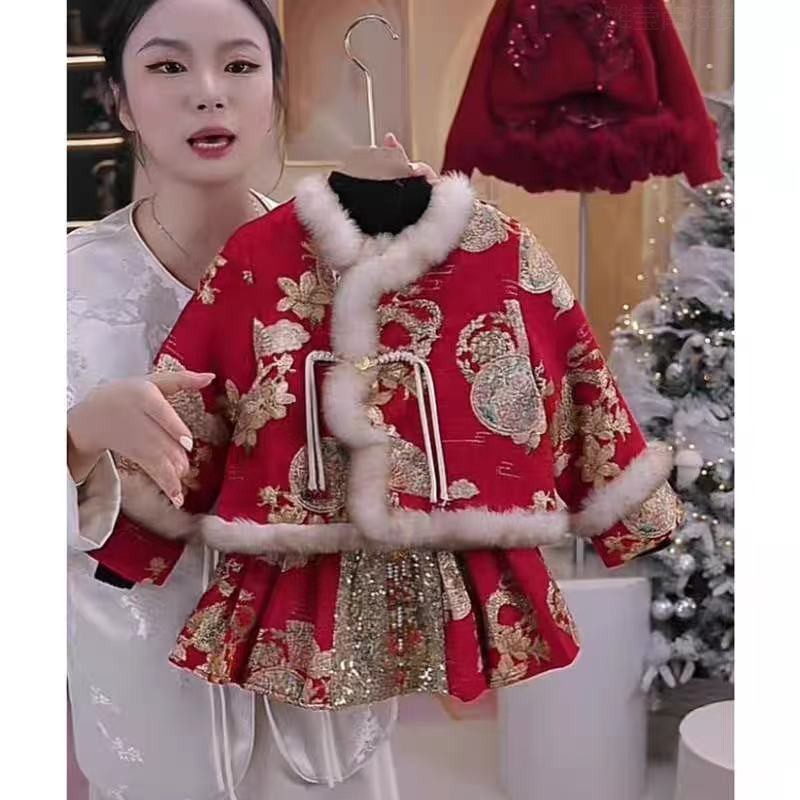 新疆西藏包邮女童新年服中国风加厚棉服外套冬季新款毛绒保暖上衣
