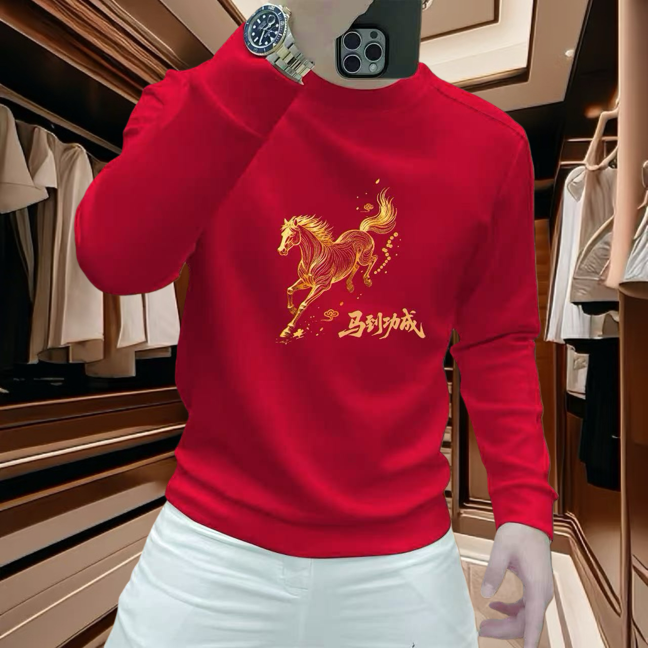 秋冬新款马年男士长袖圆领套头卫衣潮流印花休闲时尚百搭上衣潮