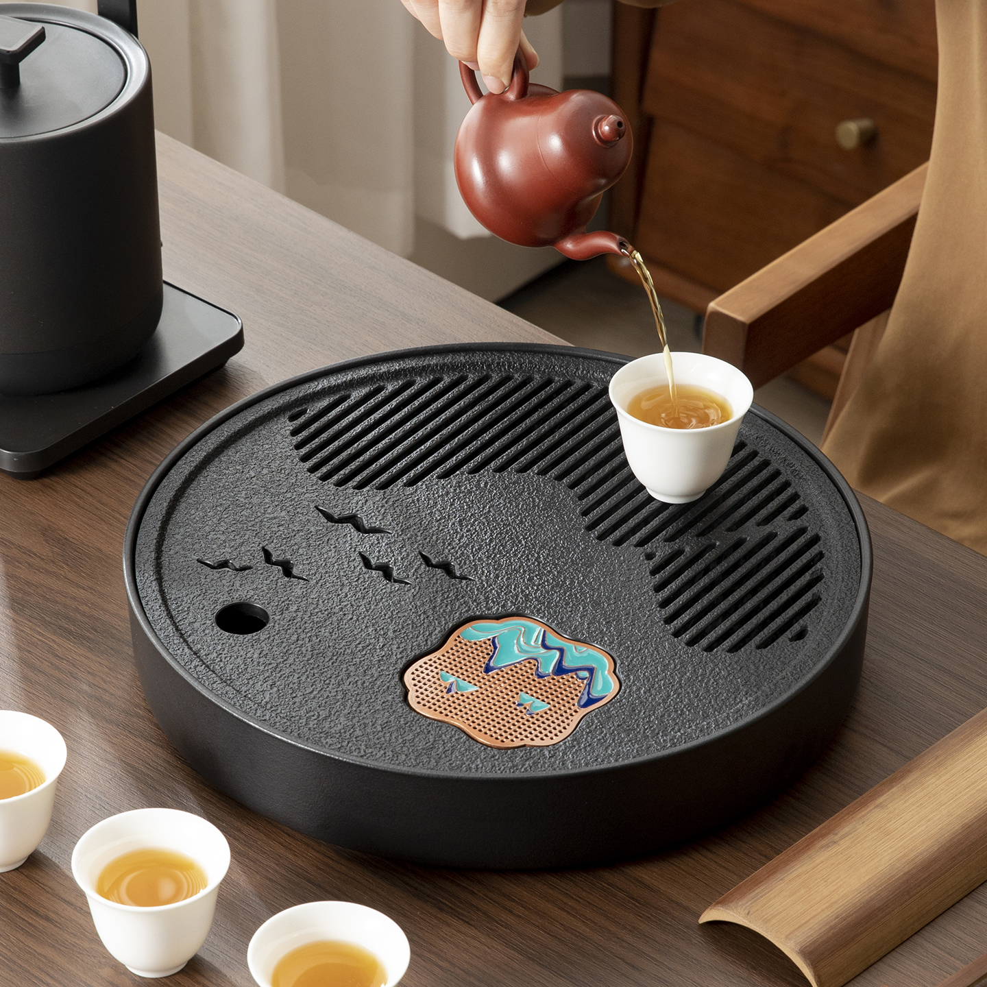 远山圆形陶瓷人造石茶盘储水式排水小型茶台茶具简约家用办公托盘