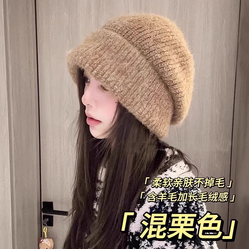 韩版羊毛绒堆堆帽女秋冬大头围三合一针织帽加厚冷帽显脸小渔夫帽