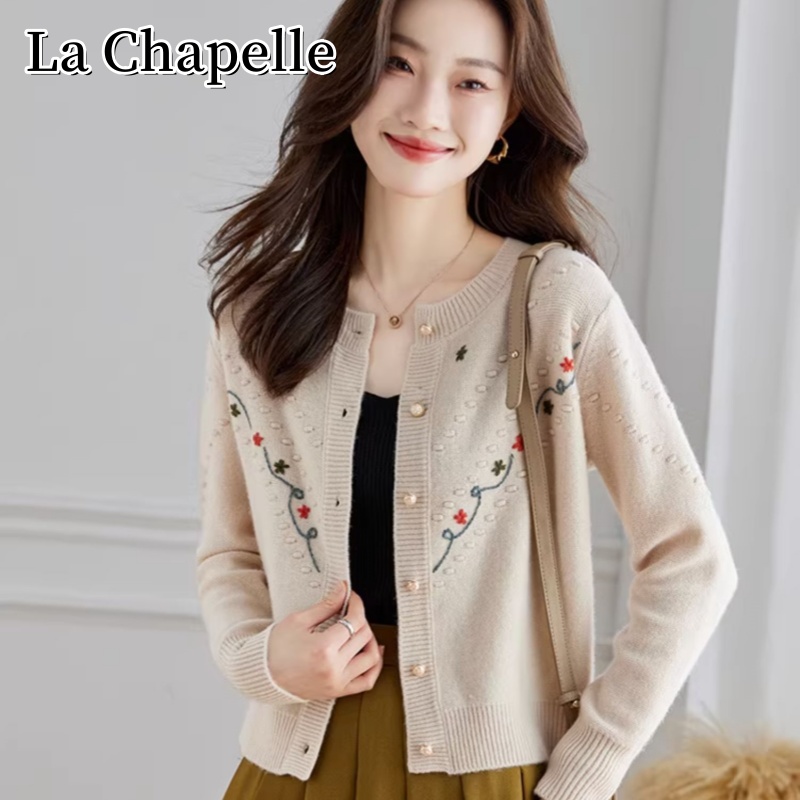 拉夏贝尔秋季新款圆领刺绣减龄针织开衫韩版百搭显瘦短款长袖上衣