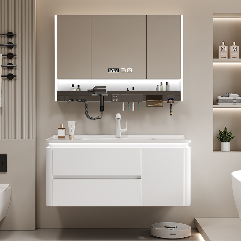 轻奢奶白风浴室柜组合卫生间智能马桶柜洗漱台圆角陶瓷一体盆