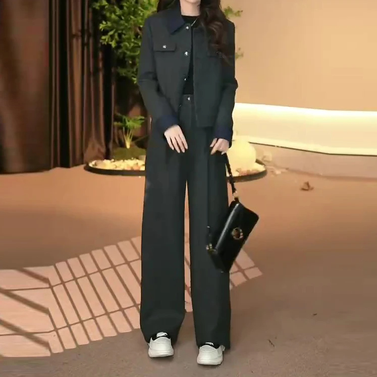 2025新款百搭高级感时尚设计感POLO领休闲百搭外套+直筒裤俩套装