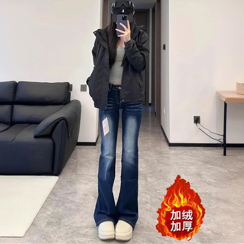 美式复古猫须微喇牛仔裤女秋冬新款低腰显瘦弹力马蹄喇叭拖地裤子