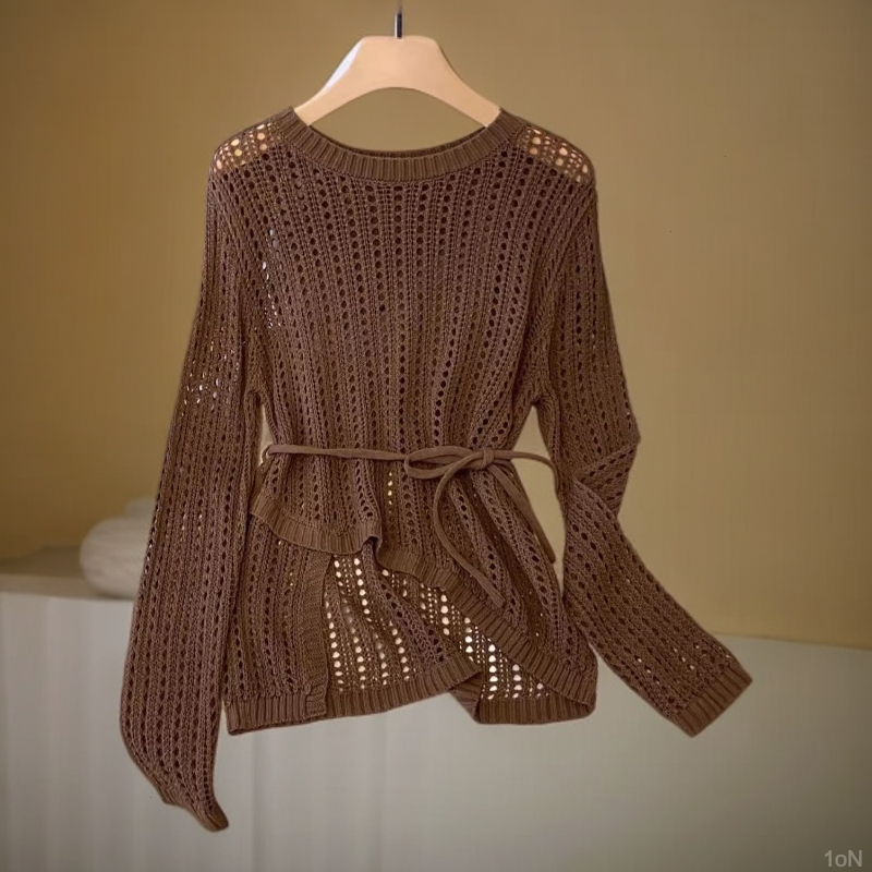 不规则钩花镂空冰丝针织罩衫T恤2025夏季慵懒风显瘦空调防晒上衣