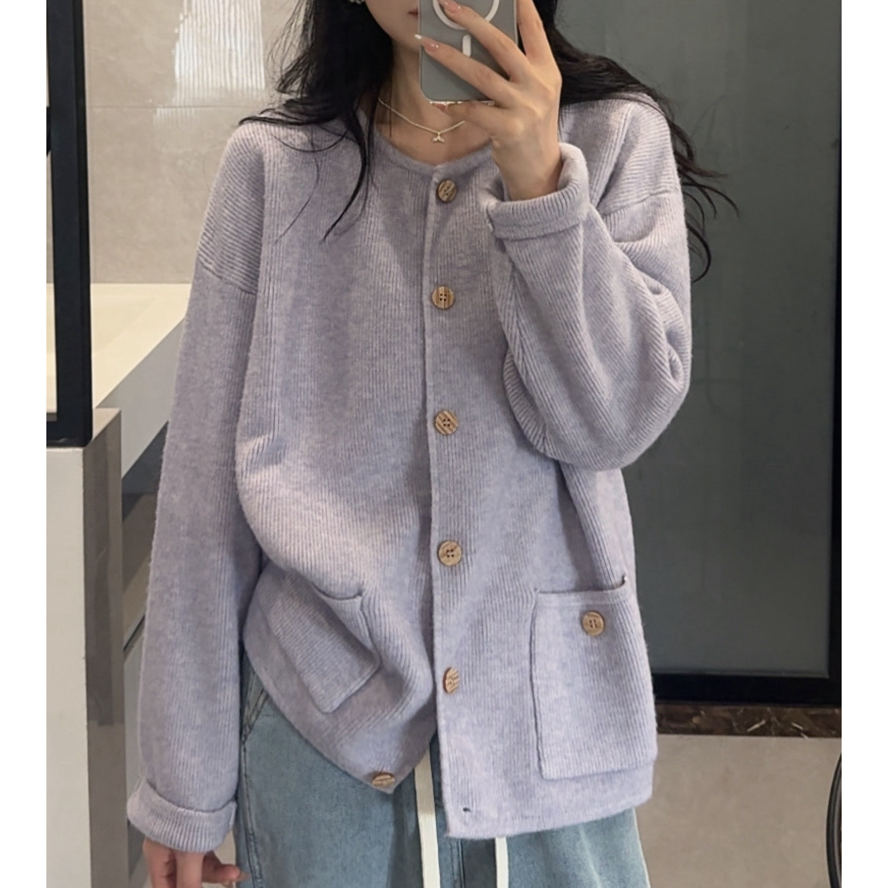 《大橙子》轻奢感简约小香风圆领针织开衫女慵懒宽松毛衣外套上衣