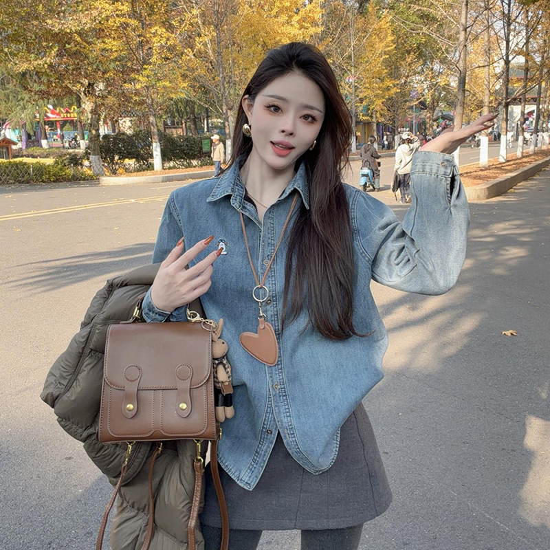 加绒洋气叠穿牛仔衬衫女秋冬新款休闲宽松百搭上衣感复古牛仔衬衣