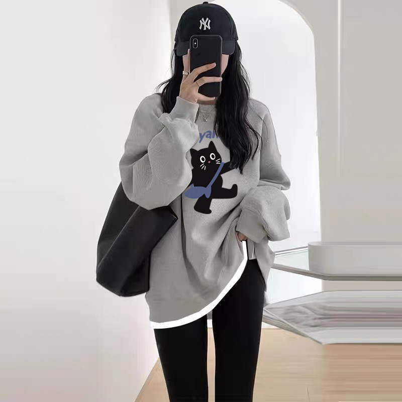 假两件圆领卫衣女2025秋冬新款宽松中长款遮屁股加绒加厚拼接上衣