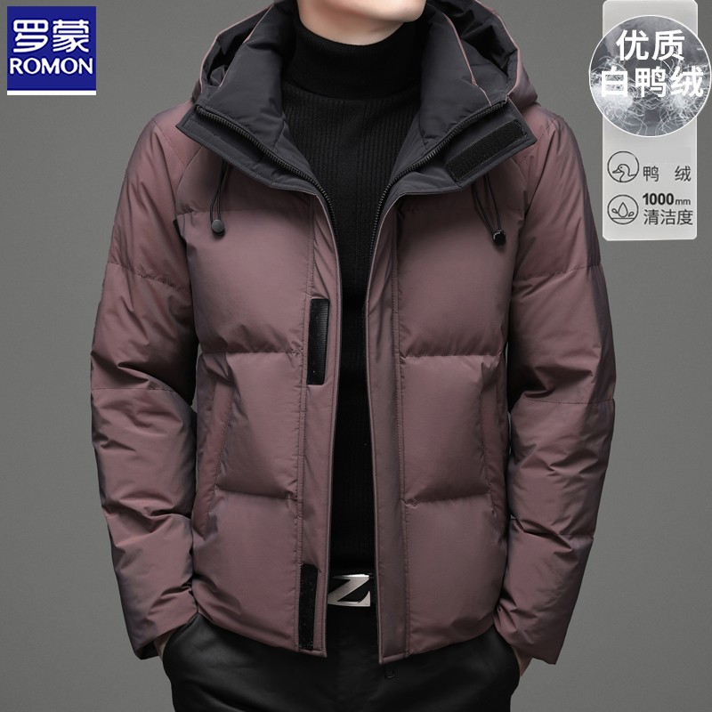 罗蒙休闲男士90绒短款羽绒服2025冬季新款时尚连帽户外保暖外套男