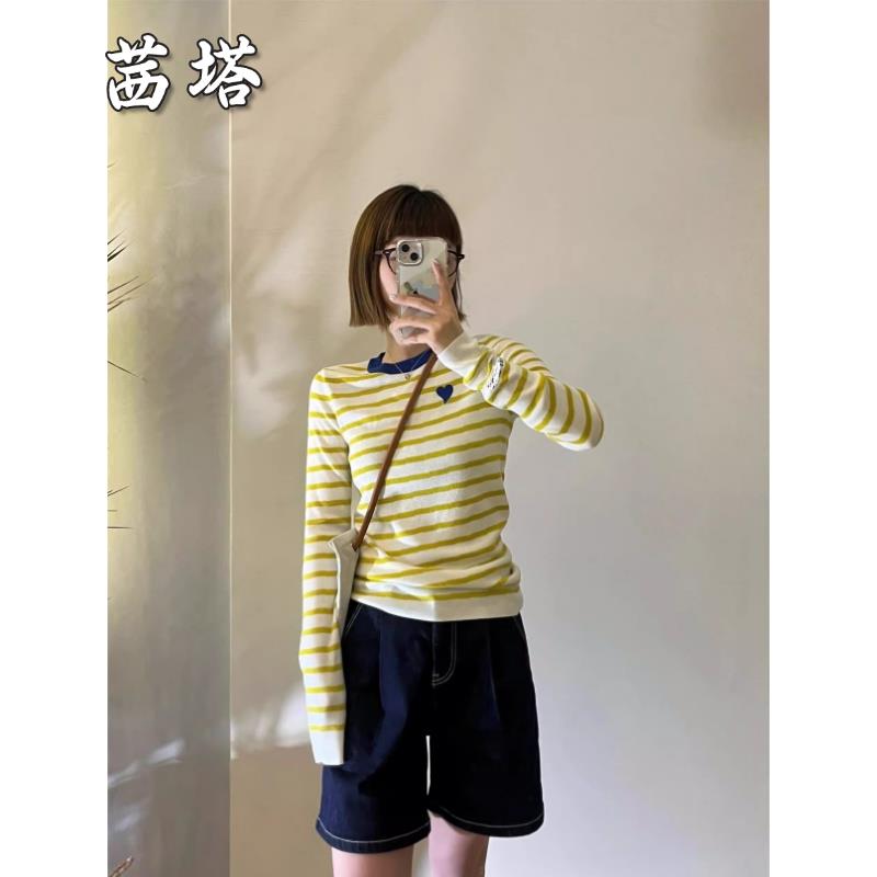 黄色条纹长袖针织打底衫女早秋季修身内搭设计感刺绣韩系chic上衣