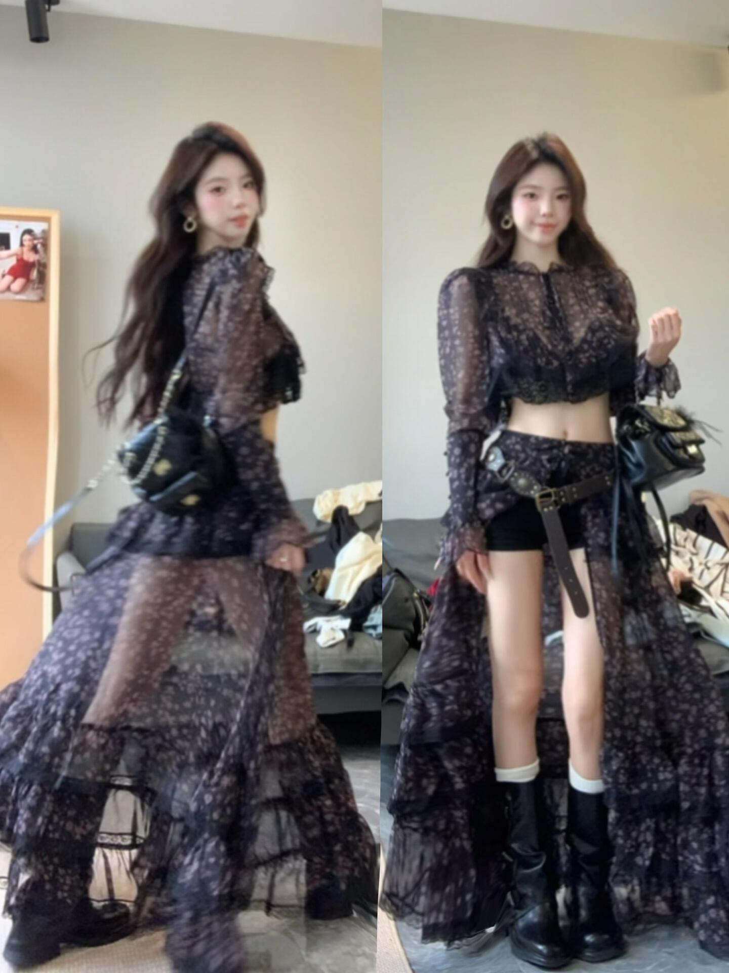 【迎岚】2025早秋新款法式复古蕾丝边短款上衣搭高腰显瘦半身裙套装