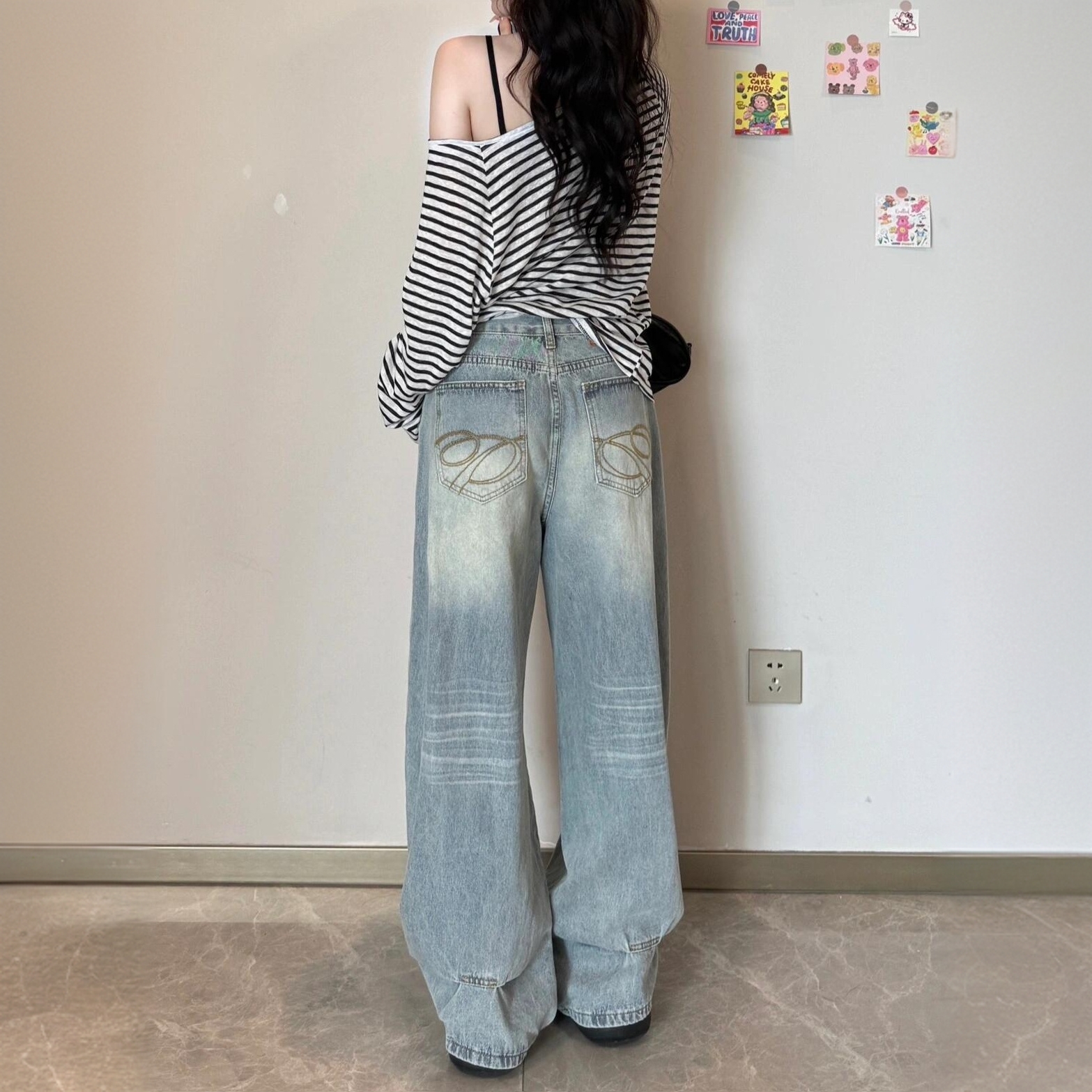 大码美式高街加长版阔腿牛仔裤女设计感宽松百搭高腰香蕉拖地长裤