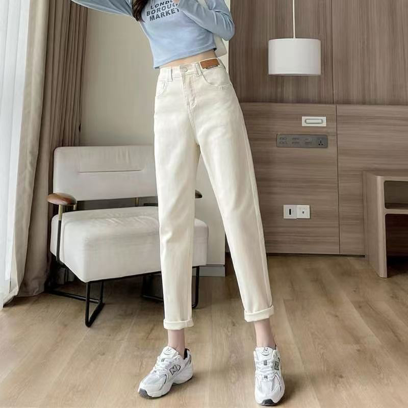 米白色牛仔裤女2025秋季新款高腰显瘦韩版宽松百搭休闲老爹休闲裤