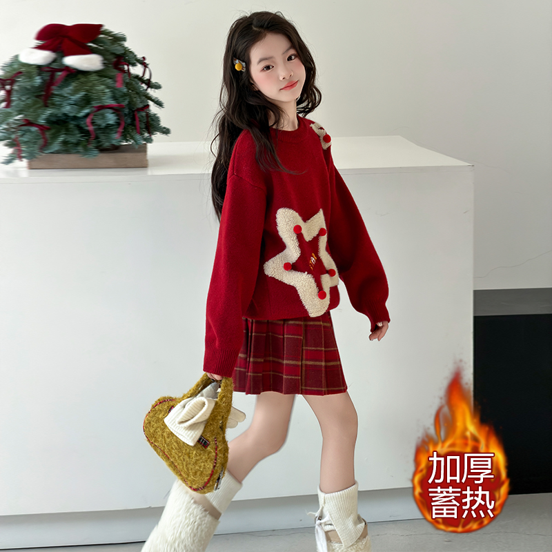 【酷哒仔】女童加厚针织毛衣格子短裙两件套装2025冬装中大童学生潮