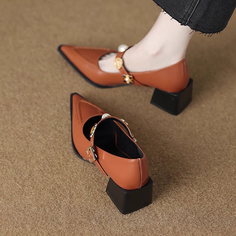 2025春夏新款尖头晚晚风绝美粗跟高跟单鞋法式玛丽珍女鞋小皮鞋