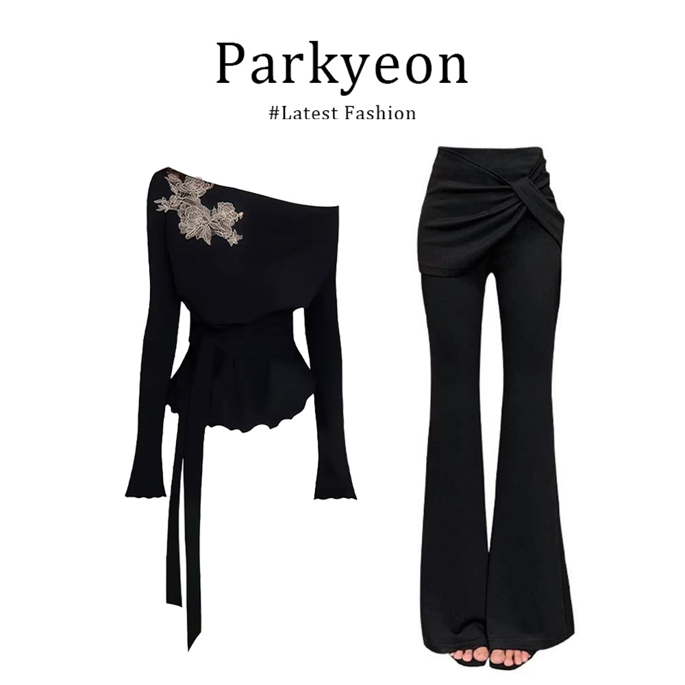 parkyeon高级感国风刺绣不规则斜肩长袖T恤上衣微喇休闲裤套装