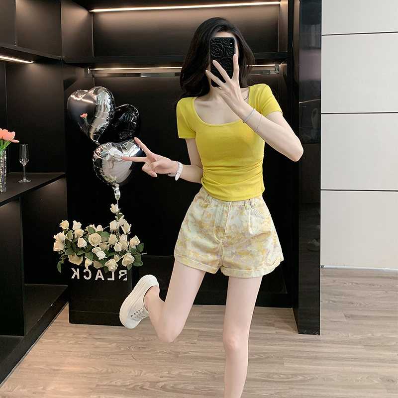 2025夏季新款时尚显瘦短袖休闲短款牛仔短裤小个子减龄两件套