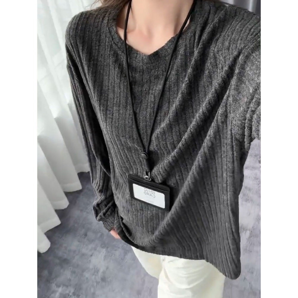 深灰色针织内搭长袖t恤卫衣男春秋日系复古潮牌高级感慵懒打底衫