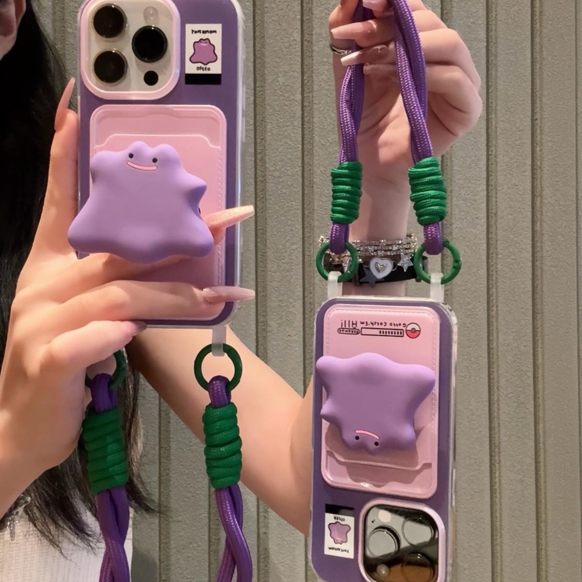 紫色小怪兽支架卡包手机壳适用苹果16promax带手绳iphone15保护套