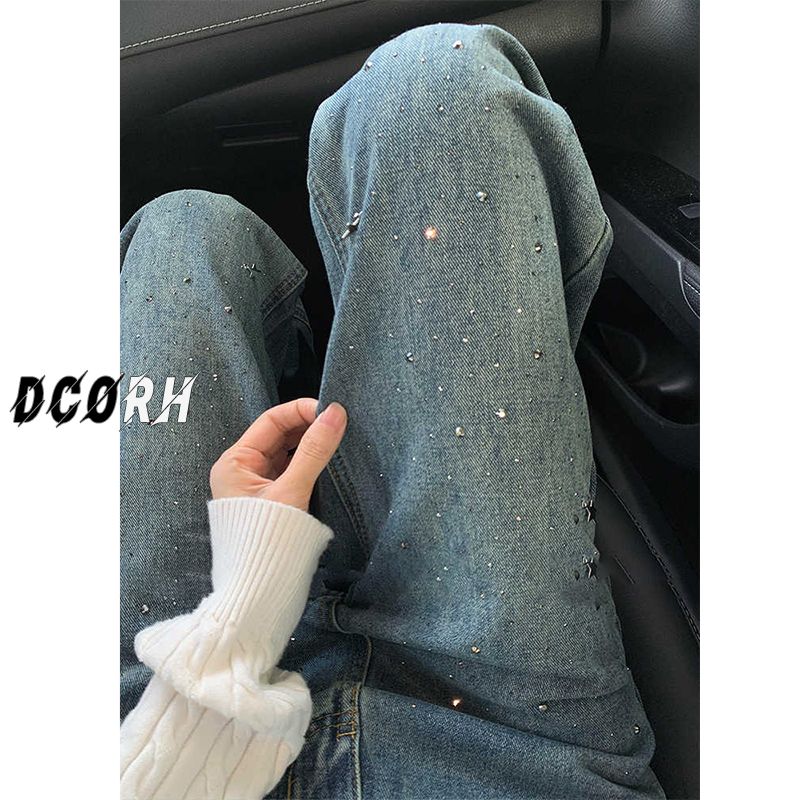 阔腿牛仔裤女早春新款复古重工烫钻高级感高腰宽松休闲垂感直筒裤