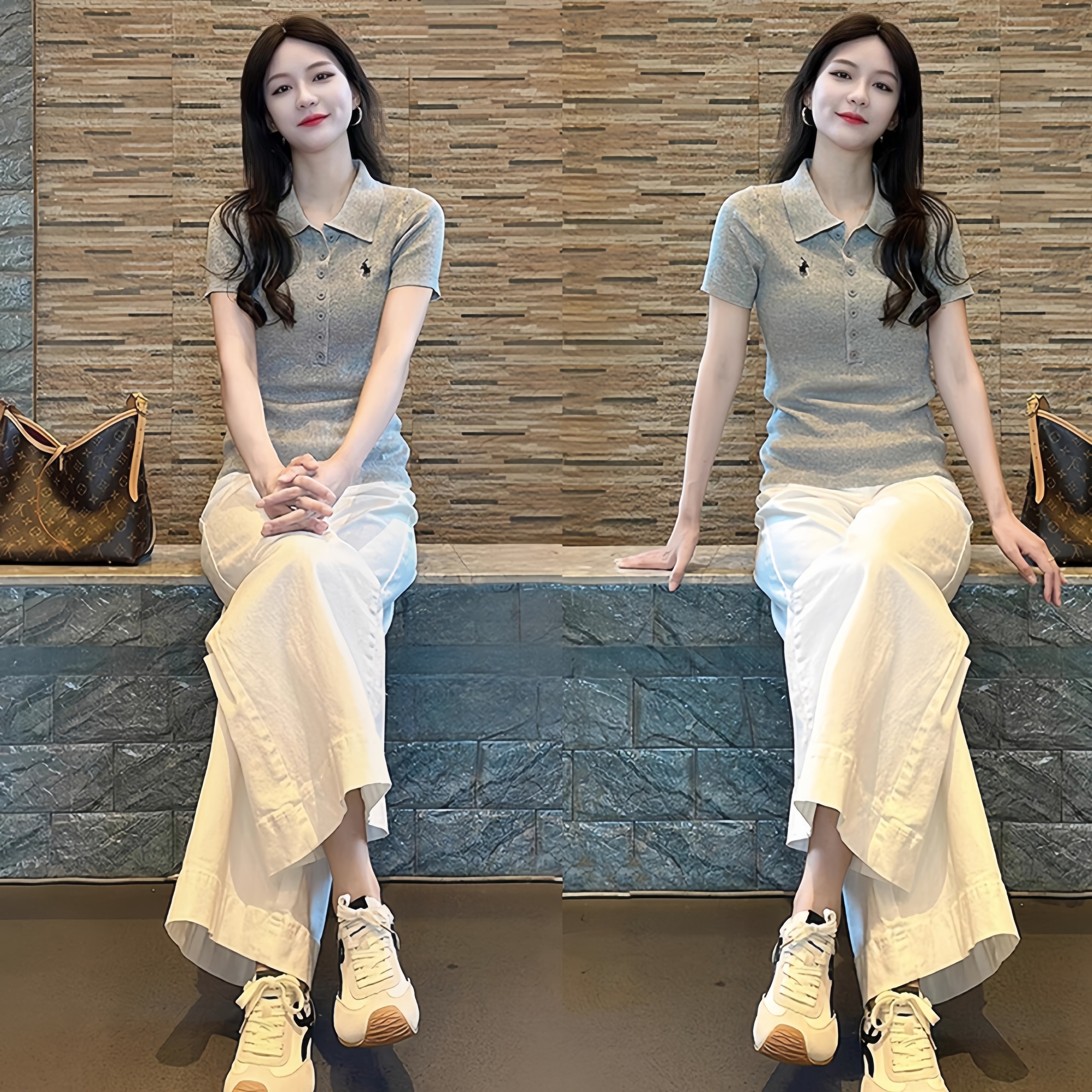 小个子洋气时尚套装夏季新款POLO领短袖T恤休闲显瘦阔腿裤两件套