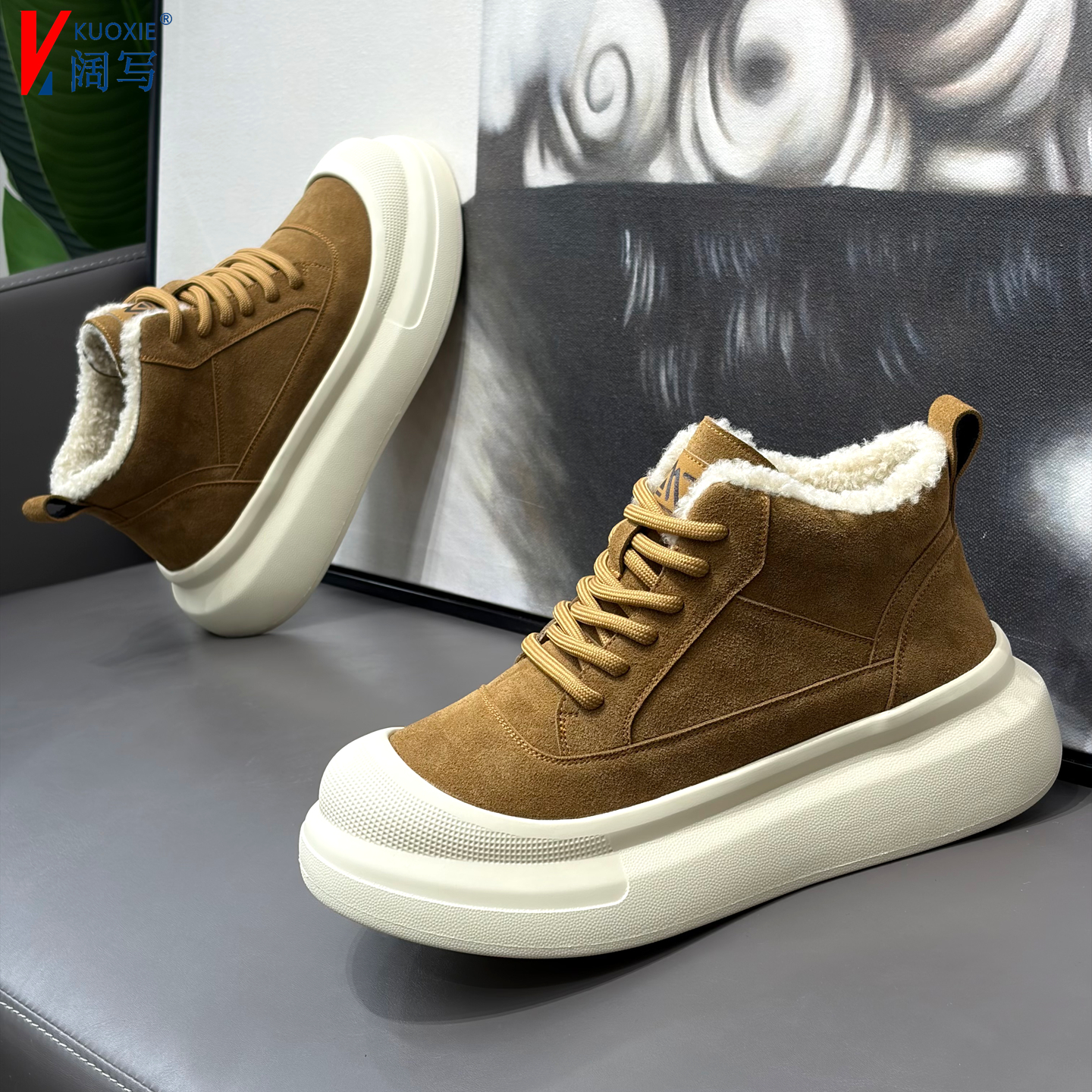 男鞋冬季新款加绒保暖棉鞋磨砂皮轻奢厚底高帮鞋时尚百搭休闲鞋