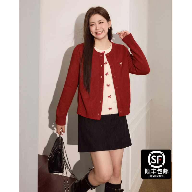 蓝语大码女装新年氛围感红色针织毛衣冬新款假两件蝴蝶结韩系上衣