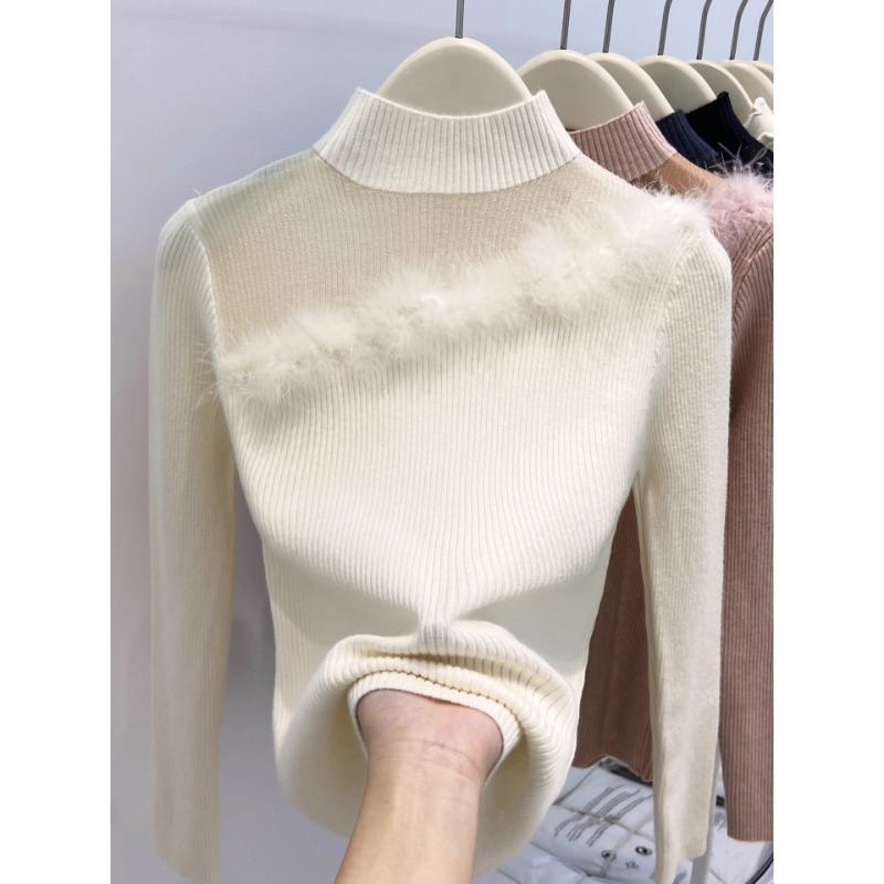 气质半高领毛边网纱拼接针织毛衣女冬季新款高级感修身打底衫上衣