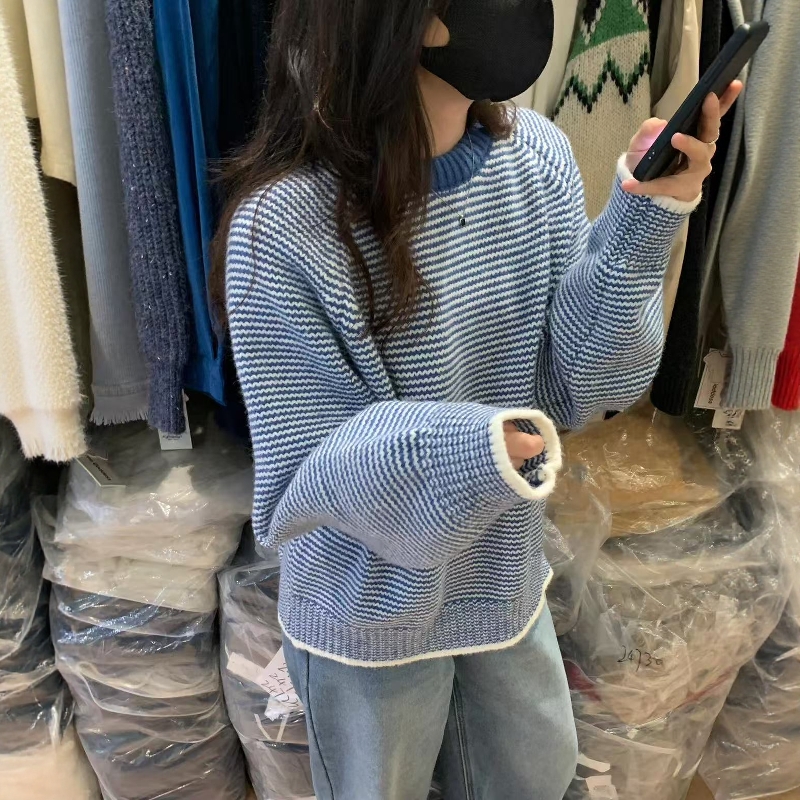韩系软糯氛围感条纹针织衫女2025年秋季新款气质圆领套头毛衣ins