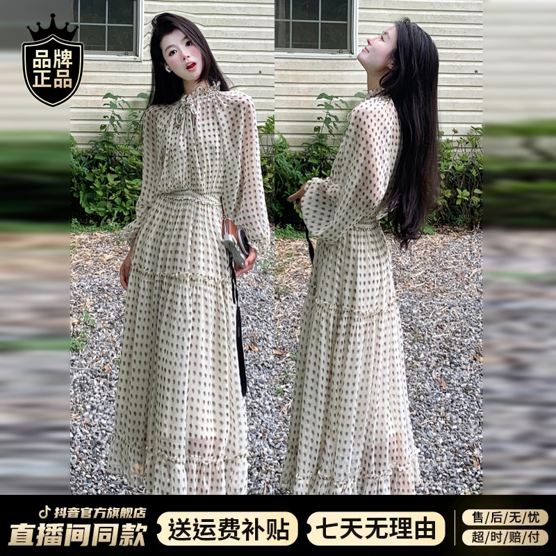 法式高级感波点长袖连衣裙子女早秋2025新款小众别致收腰显瘦长裙