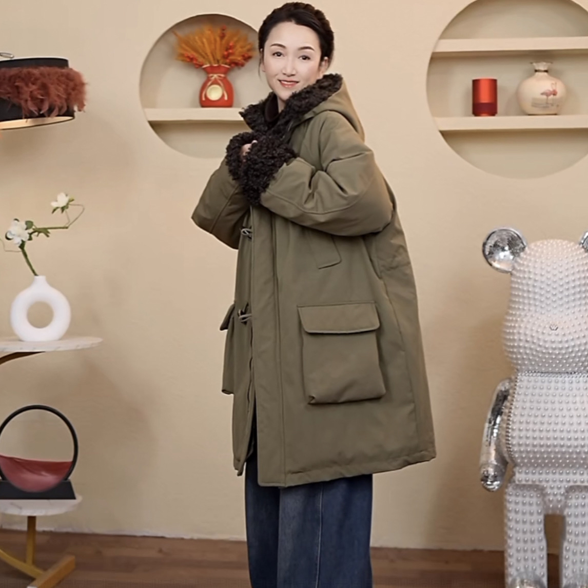 牛角扣中长款连帽派克服棉服25716冬季保暖休闲宽松加厚加绒外套