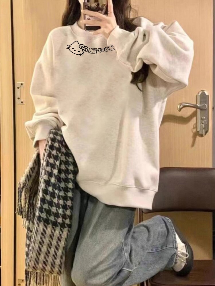 加绒秋冬季白灰色圆领外套卫衣女2025新款爆款凯蒂猫卡通印花上衣