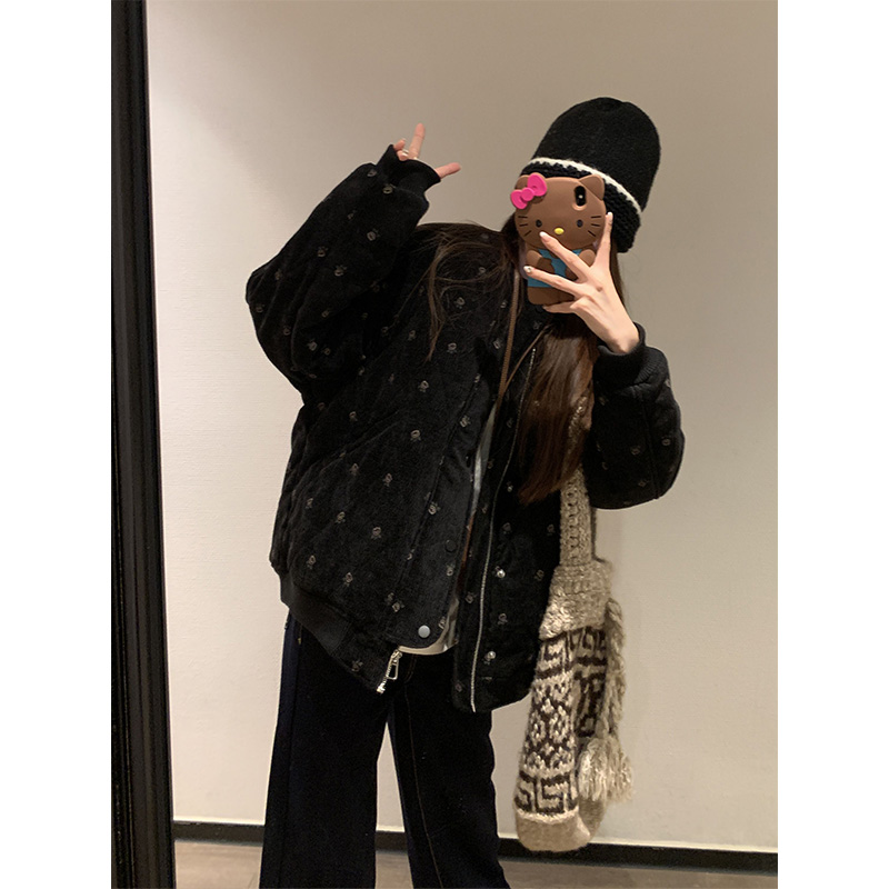 parkyeon韩系宽松黑色碎花棉服女冬季新款百搭夹棉保暖棉衣外套