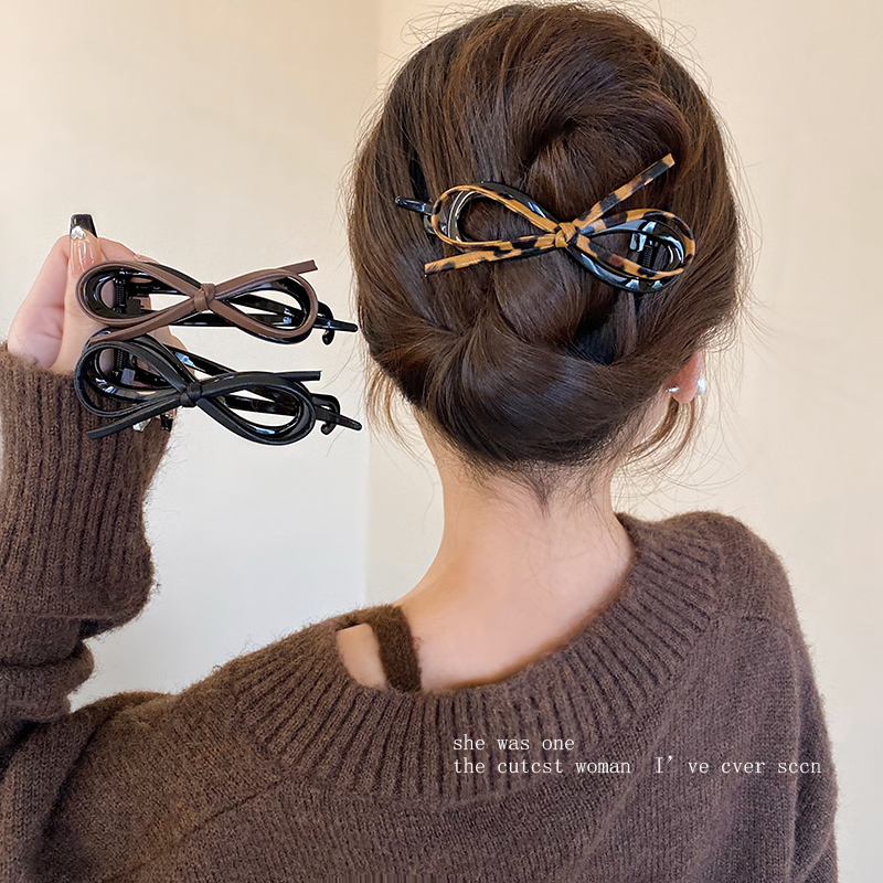 豹纹皮质蝴蝶结扭扭夹女秋冬高级感一字夹后脑勺盘发发夹韩系发饰