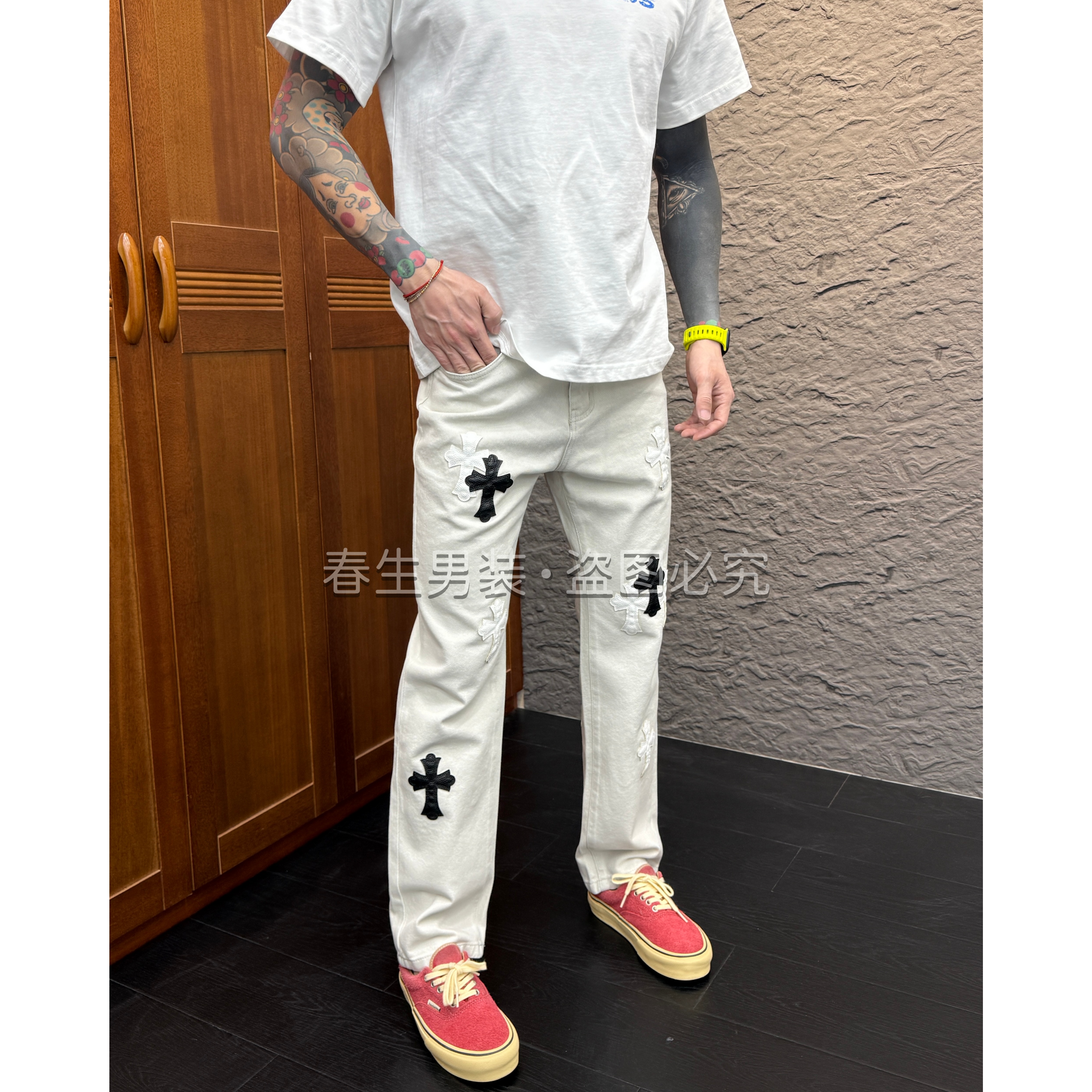 2025秋冬新款时尚休闲百搭重工贴皮男士米白色直筒牛仔裤6165