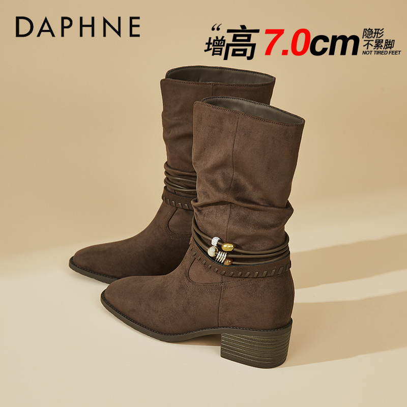 达芙妮加绒复古褶皱粗跟瘦瘦靴女秋冬新款小众设计增高显瘦时装靴