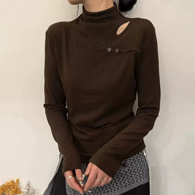 设计感镂空半高领长袖针织衫女2025秋冬新款修身显瘦内搭打底衫