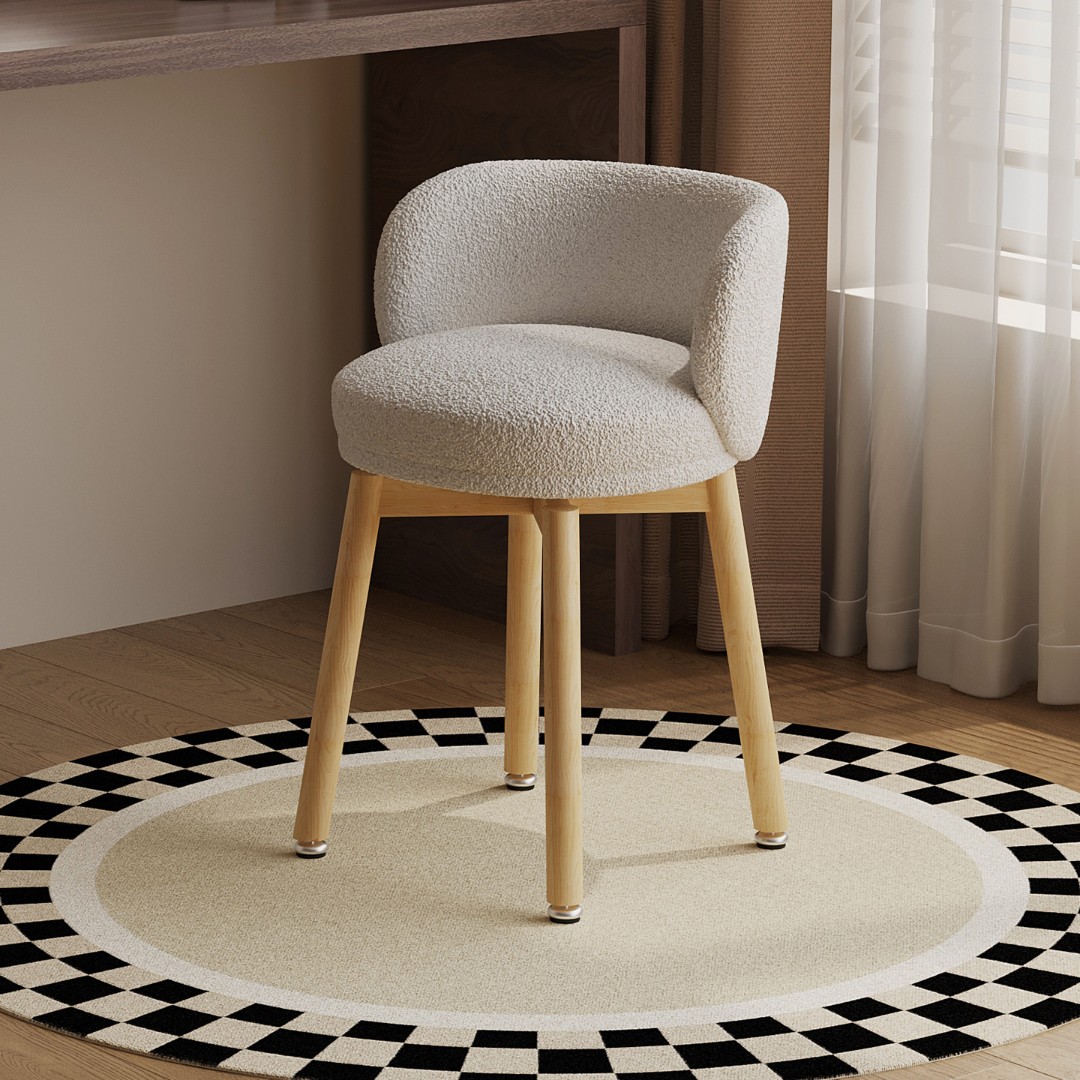 可旋转实木梳妆凳女生卧室奶油风简约化妆椅羊羔绒靠背梳妆台凳子